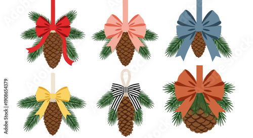 A collection of pine cones decorated with colorful bows and evergreen leaves hang from above