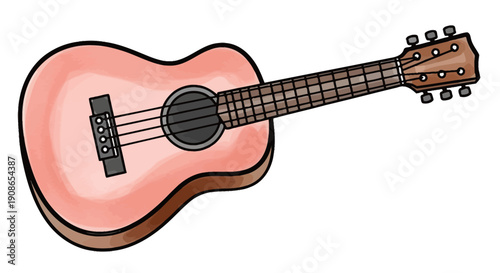 A pink ukulele viewed from the side with its body and neck visible