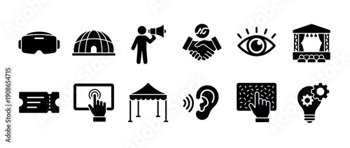 Collection of black glyph icons representing experiential marketing, event management, and sensory engagement concepts like VR, sound, touch, and vision for business conferences
