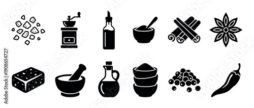 Collection of black glyph icons representing various spices and cooking ingredients, including cinnamon, star anise, chili pepper, peppercorns, oil, and a mortar and pestle