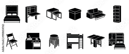Set of black silhouette icons showing space-saving furniture for small apartments, including a murphy bed, folding desk, sofa bed, and other smart, transformable interior design elements
