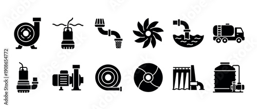 Water pump and plumbing equipment icon set with black glyphs showing industrial machines like submersible pumps, pipes, hoses, tanks, and a dam for fluid management systems
