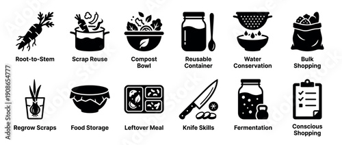 Set of black glyph icons illustrating zero waste kitchen practices like composting, reusing scraps, and bulk shopping for a sustainable and eco-friendly lifestyle