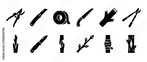 Set of black glyph icons for tree grafting and gardening tools including a knife, saw, tape, and pruners showing the process of plant propagation and horticulture