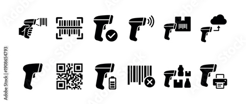 Black glyph icons set of barcode scanners and QR code readers for inventory management, logistics, and retail point of sale systems, showing various actions and statuses