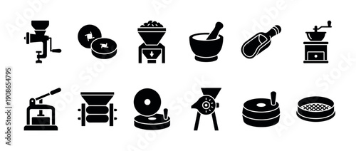 Collection of black glyph icons representing grinding and milling equipment for food processing, featuring various grinders, a mortar and pestle, scoop, press, and sieve