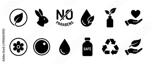 Set of black cosmetic product icons representing natural, organic, cruelty-free, and paraben-free claims for packaging design in a simple minimalist vector style