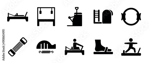 Collection of black Pilates equipment icons including a reformer, Cadillac, chair, barrel, and ring for fitness, wellness, and physical therapy in a simple minimalist glyph style