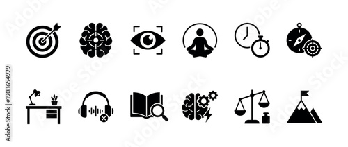 Collection of black silhouette icons representing focus, goal setting, productivity, meditation, and time management for business strategy and personal growth