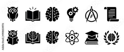 Collection of black education and science icons representing knowledge, wisdom, and learning, including an owl, brain, book, atom, and graduation cap in a flat glyph style