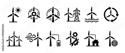 Set of black wind turbine icons representing renewable energy concepts like power generation, offshore farms, maintenance, and electricity grids for sustainable technology