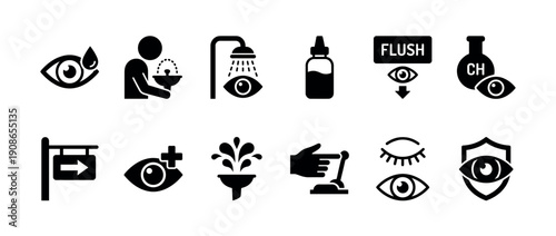 Collection of black glyph icons for eye wash stations and emergency safety procedures, including flushing, chemical hazard protection, and first aid for eye injuries