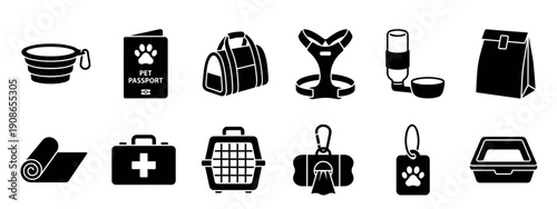 Set of black pet travel icons showing essential items for a journey with an animal, including a carrier, passport, bowl, and first aid kit in a simple glyph style