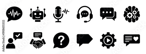 Collection of black glyph icons representing chatbot, AI, customer support, and communication technology, including robot, headset, microphone, and speech bubble symbols