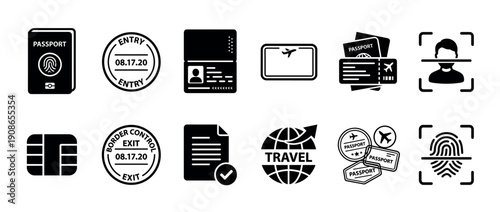 Collection of black silhouette icons for travel and border control, featuring passport, visa stamp, fingerprint scan, face recognition, and other immigration-related symbols