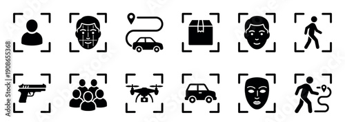 Black glyph icons for security and surveillance systems featuring facial recognition, drone tracking, weapon detection, and vehicle monitoring in a clean, modern graphic style