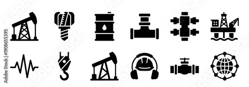 Set of black glyph icons for the oil and gas industry featuring a pumpjack, offshore rig, barrel, drill bit, pipeline valve, and other industrial equipment symbols