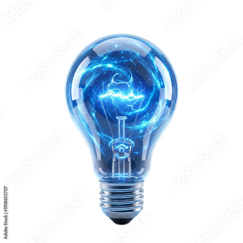 Blue energy electric lightning bolt inside light bulb, isolated on transparent background
