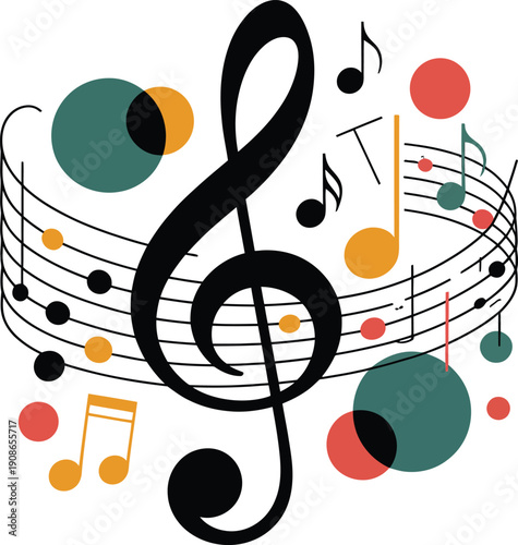 Vibrant music notes and treble clef on colorful musical staff background