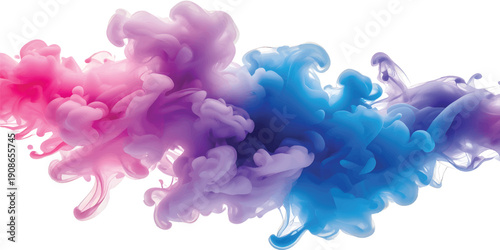 An abstract watercolor painting of blooming spring flowers and lilac blossoms creates a vibrant floral pattern with blue, pink, and purple smoke textures isolated on a white background