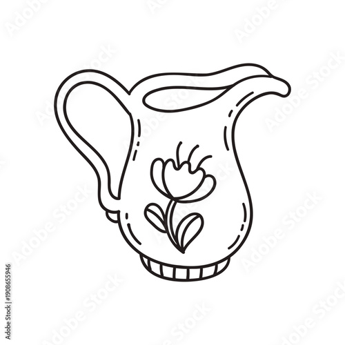 Vintage porcelain jug. Picnic core. Doodle style. Romantic glass kitchen decanter. Vector illustration isolated on a white background.