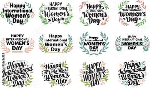 Happy international women's day typography vector set with floral wreath