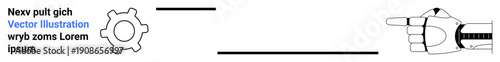 Technology, innovation, machinery, automation, robotics, futuristic design. Gear symbol linked to a robotic hand pointing. Technology and innovation metaphor through machinery and robotics