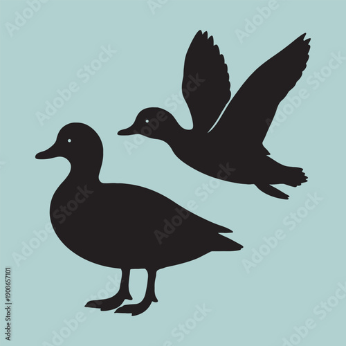 Black silhouette of two ducks one standing on land and other flying with wings spread against light blue background