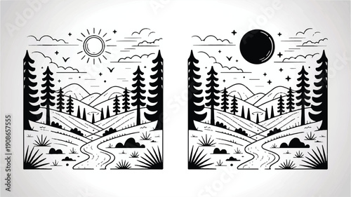 Minimal day and night woodland valley landscape vector illustration, silhouette lineart style on white background with sun, moon, stars and trees