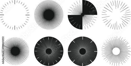 Abstract radial circular sunburst designs, geometric symmetry vector illustration, clock face inspired pattern set for graphic design and visualization