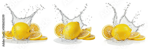 Fresh Eureka lemon with lemon slices and citrus juice splash explosion isolated on white background, high speed liquid splash photography, Eureka lemon juice concept for beverages and packaging, Citru