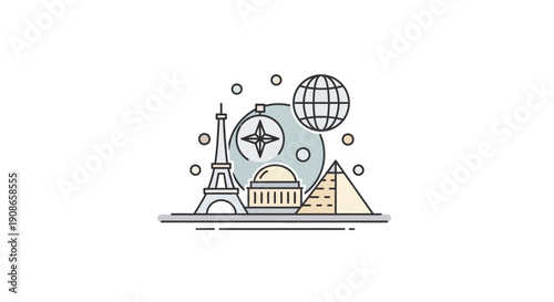 Iconic landmarks and travel symbols combined.