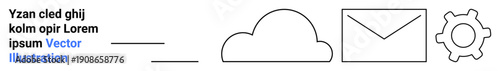Cloud computing, email, technology services, networking, data storage, automation. Minimalist cloud, envelope and gear icons aligning horizontally. Data storage and email communication concepts