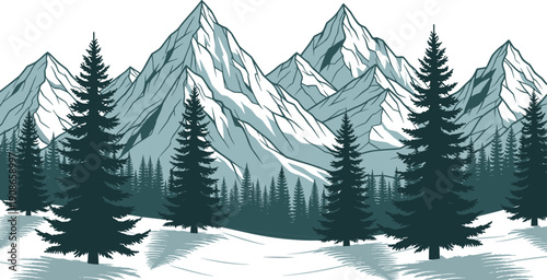 Snow-covered mountain peaks, evergreen pine forest, winter landscape scene, alpine wilderness illustration, serene outdoor nature design, seasonal scenery artwork - flat vector illustration