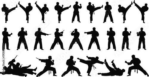 Martial arts silhouette collection with stances, kicks, punches, weapon techniques, sparring poses, combat training concept, flat vector illustration