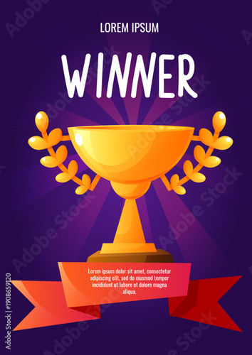 A vertical rectangular banner with sports awards and trophies. A certificate in memory of sports victories, a poster to motivate players. A golden goblet with handles in the shape of a laurel.