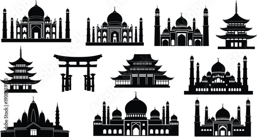 Religious architecture silhouette collection with mosque, pagoda, torii gate, temple icons, cultural diversity sacred building concept, flat vector illustration