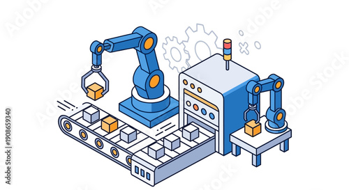 Industrial Robot Arm Assembly Line Machinery.