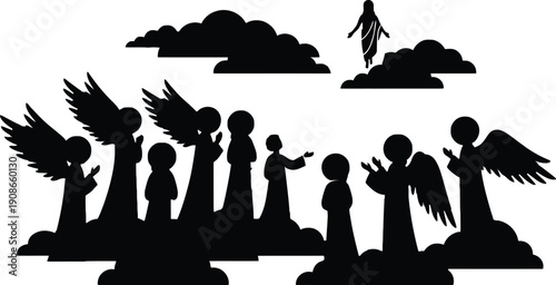 Ascension of Jesus rising into heaven with disciples and angels below, dramatic clouds and sacred gathering scene, Christian biblical event symbol for church worship posters and celebrations.