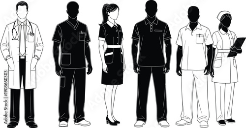 Healthcare professional silhouette collection with doctor, nurse, medical staff uniforms, hospital roles, caregiving concept, flat vector illustration