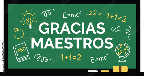 Gracias Maestros chalkboard typography with school doodles light bulb math formulas globe abc and pencils, teacher appreciation message for classroom posters, cards, banners and ads.
