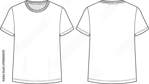 Basic crew neck T-shirt technical flat sketch, short sleeve apparel outline, fashion garment construction drawing, clothing design template illustration - flat vector illustration