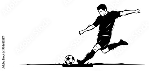 Soccer football striker kicking powerful shot in motion hand drawn line art vector illustration