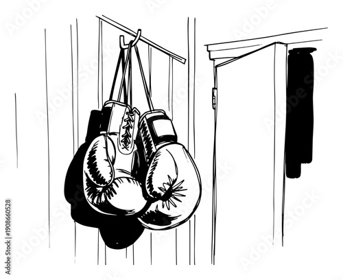Boxing Gloves Hanging on Hook in Locker Room Black and White Vector Illustration