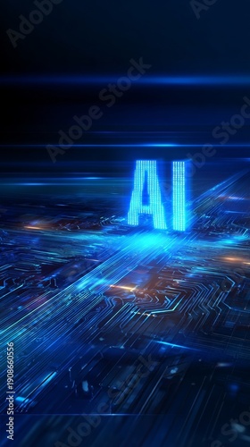 Glowing ai letters on futuristic blue circuit technology background