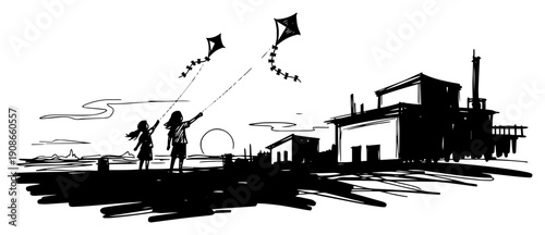 Children Flying Kites at Sunset over Coastal Town Skyline Black and White Vector Illustration