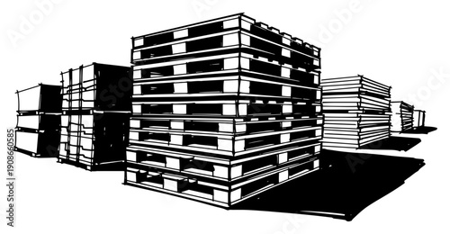 Stacks of wooden pallets in warehouse yard hand drawn line art vector illustration