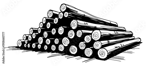 Pile of Tree Logs Timber Stack Hand Drawn Black and White Vector Illustration