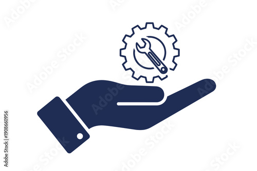 A dark blue hand holding a gear with a wrench on a, symbolizing maintenance and support services