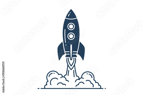 A navy blue rocket ship launching into the air with smoke coming out